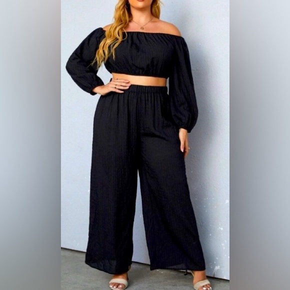 🔥Black Off The Shoulder Top & Wide Leg Pants SET🔥4XL🔥New 🔥SHEIN CURVE - Picture 1 of 16